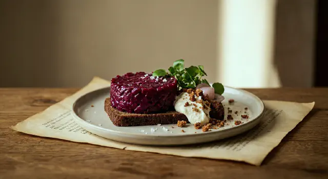 Smørrebrød med rødbede-tatar, peberrodscreme og rugbrødscrumble