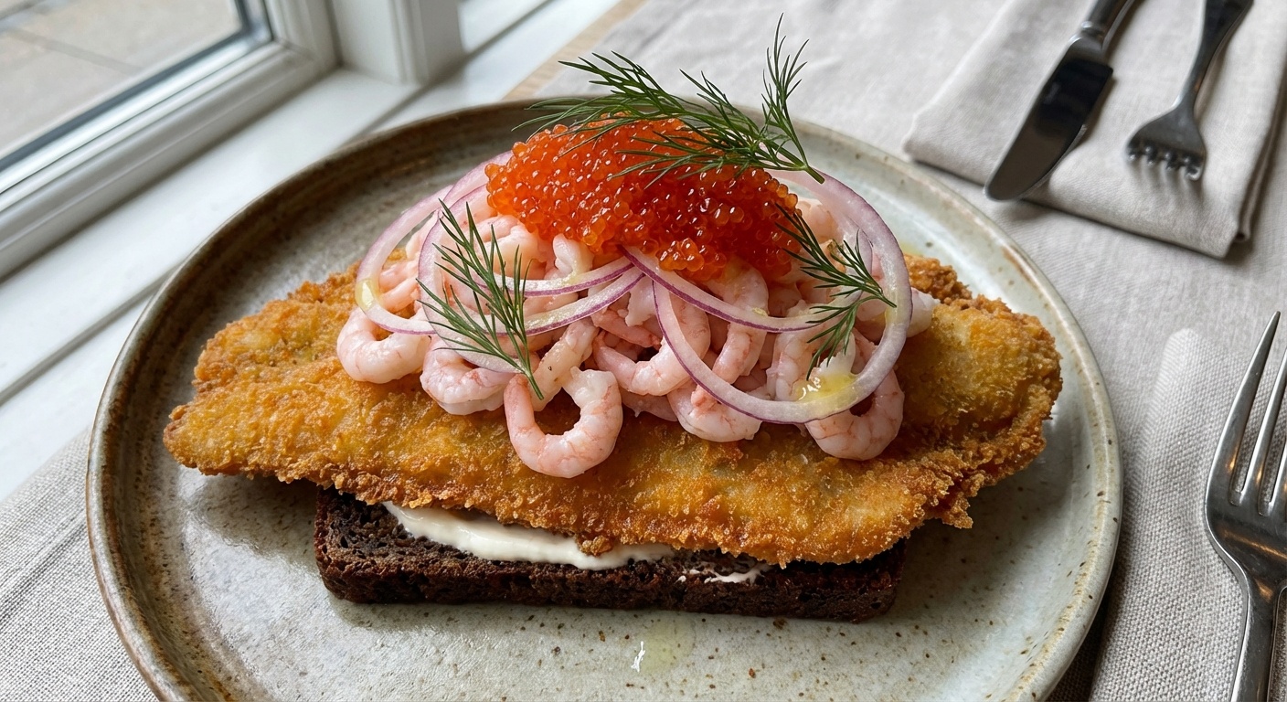 Stegt rødspættefilet med rejer og stenbiderrogn