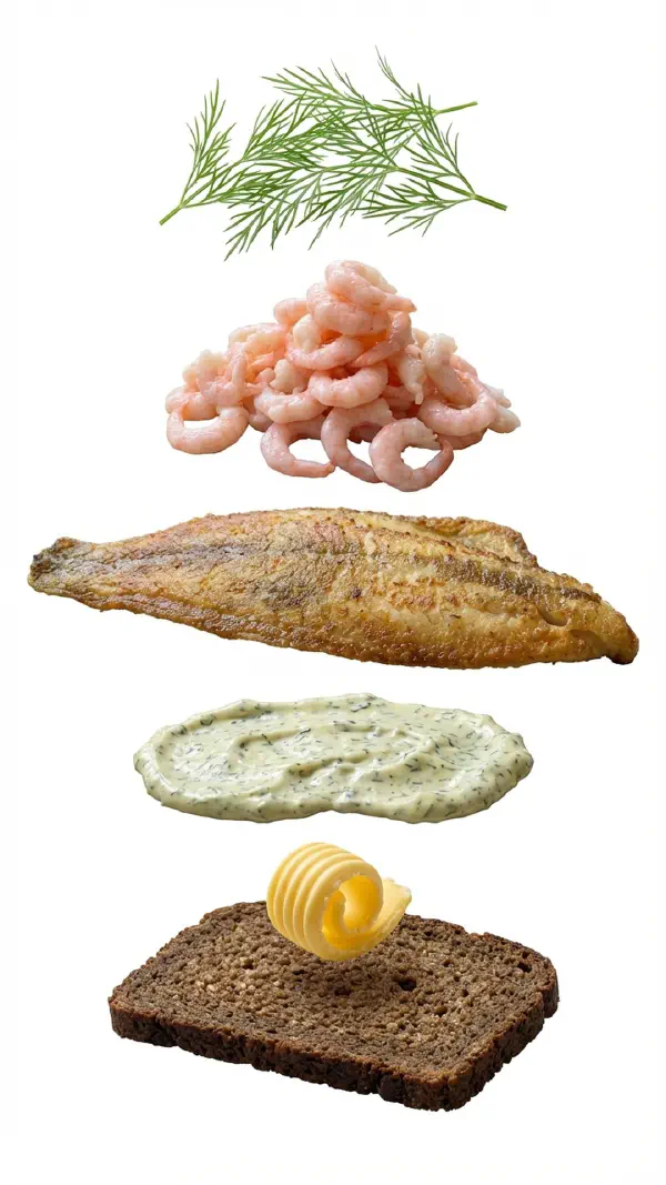 Opbygning af stegt rødspættefilet med rejer og urtemayo © kvalimad.dk