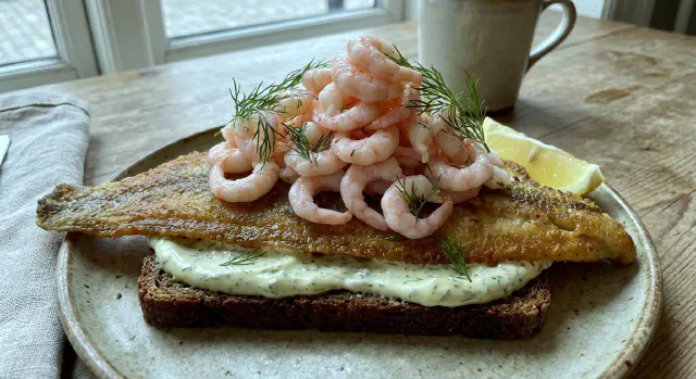 Stegt rødspættefilet med rejer og urtemayo