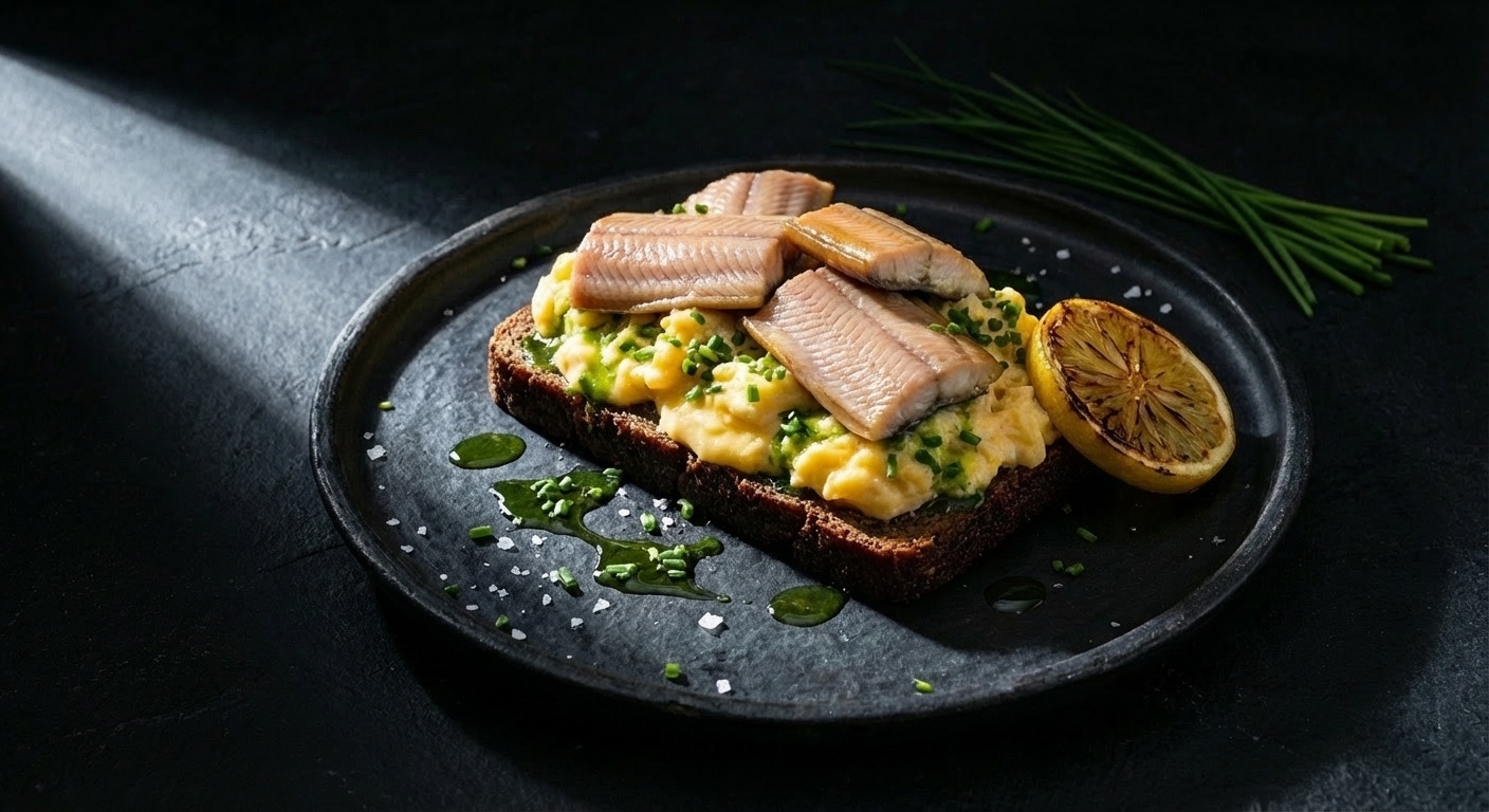 Smørrebrød med røget ål, røræg og purløgsolie