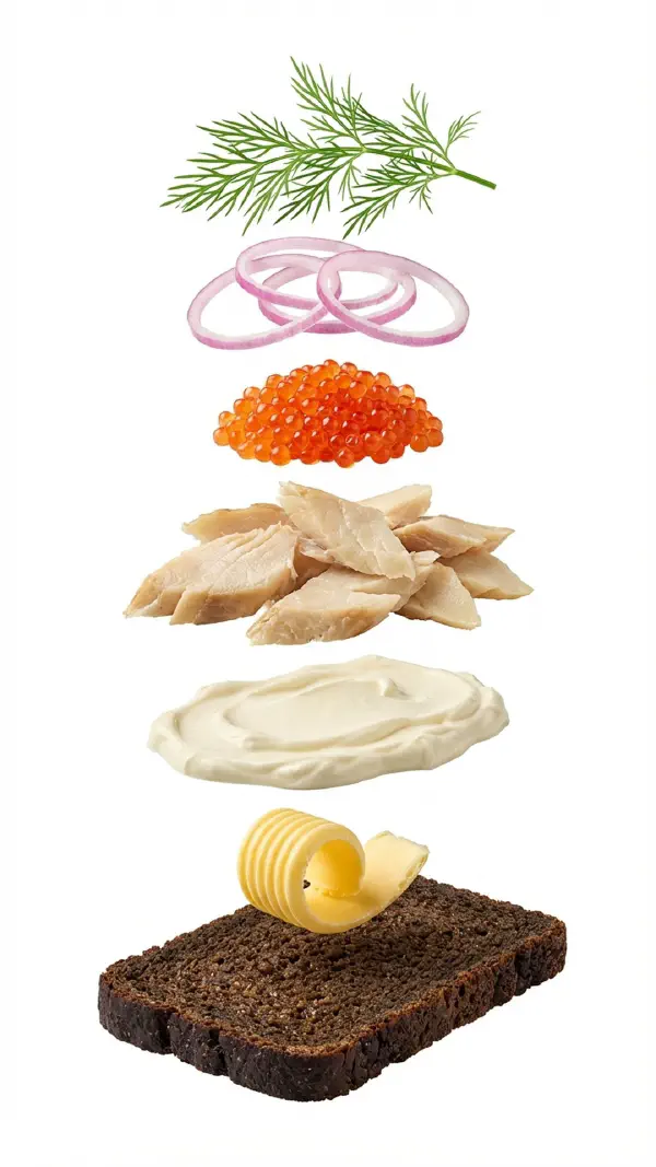 Opbygning af røget hellefisk med stenbiderrogn og crème fraîche © kvalimad.dk