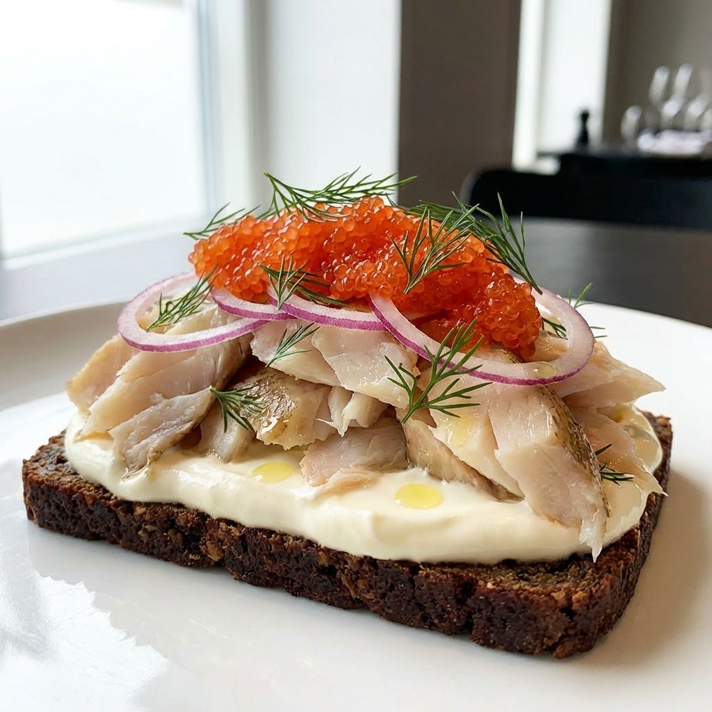 Røget hellefisk med stenbiderrogn og crème fraîche