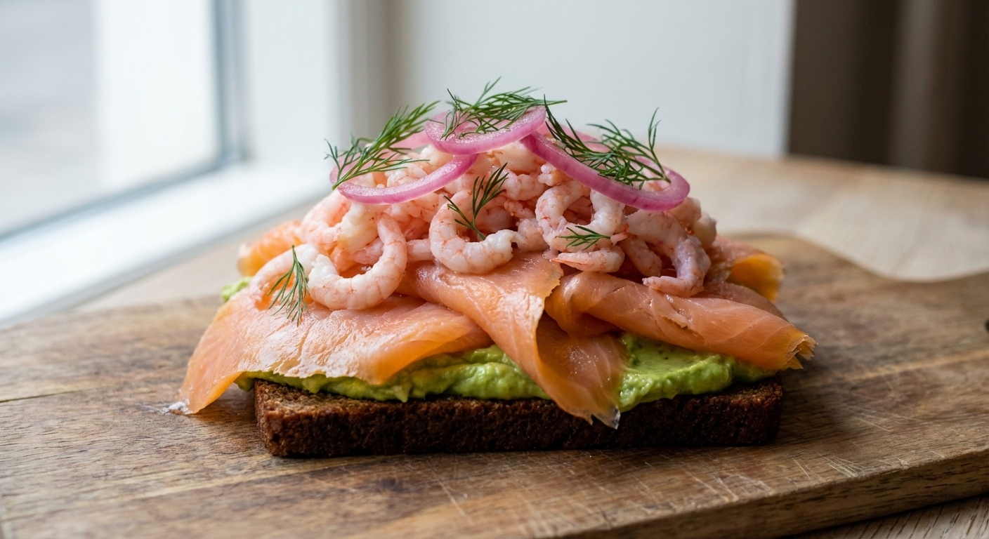 Røget laks med rejer og avocado