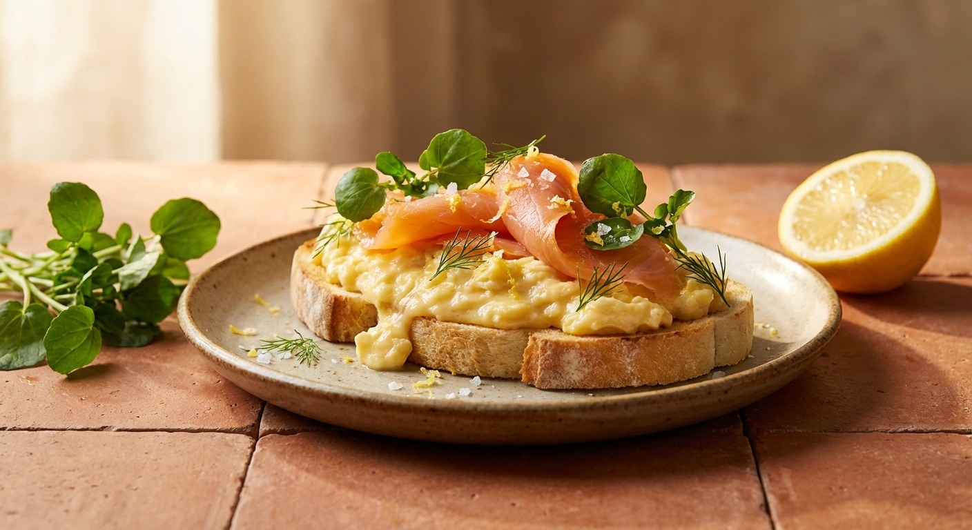 Smørrebrød med røget laks, røræg og forårskarse