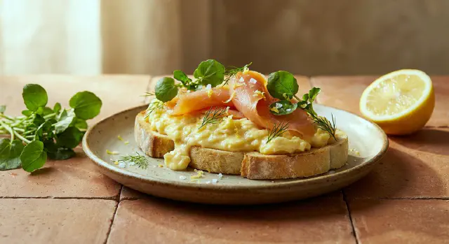 Smørrebrød med røget laks, røræg og forårskarse