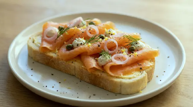 Smørrebrød med røget laks, peberrodscreme og syltede skalotteløg