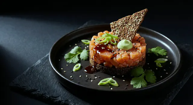 Smørrebrød med røget laksetatar, soyavinaigrette og sesamchip