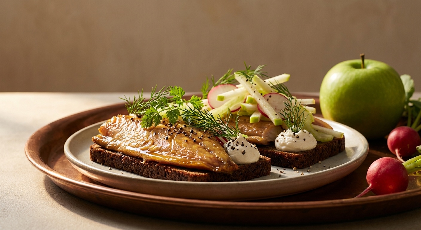 Smørrebrød med røget makrel, peberrodsmousse og æblesalat