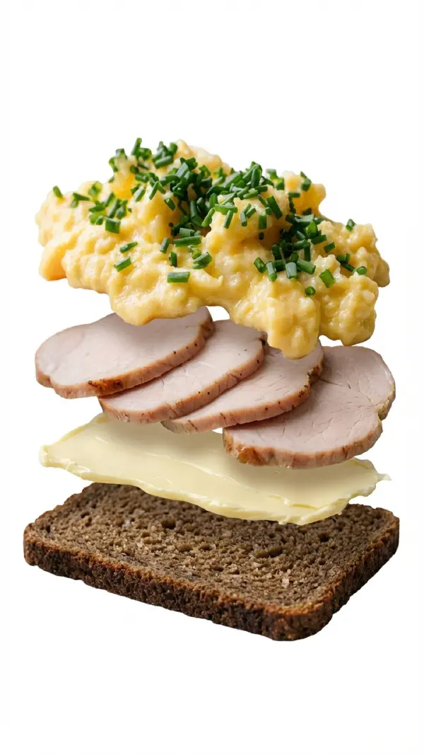 Opbygning af røget mørbrad med røræg og purløg © kvalimad.dk