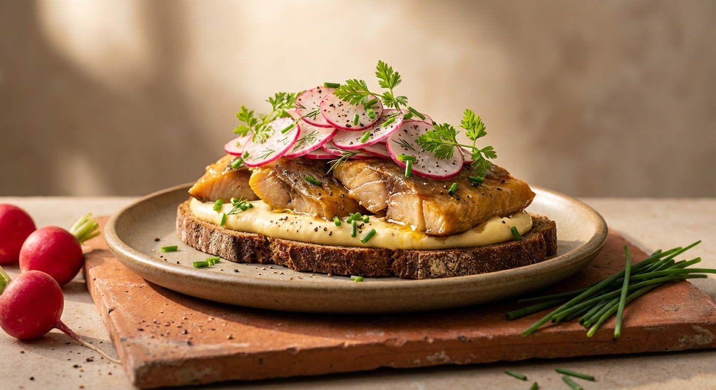 Smørrebrød med røget sild, æggemousse og radisesalat