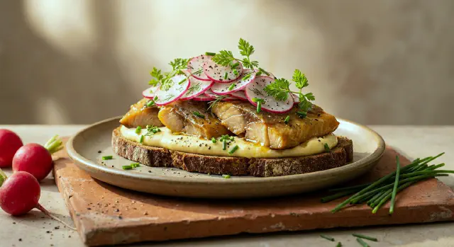 Smørrebrød med røget sild, æggemousse og radisesalat
