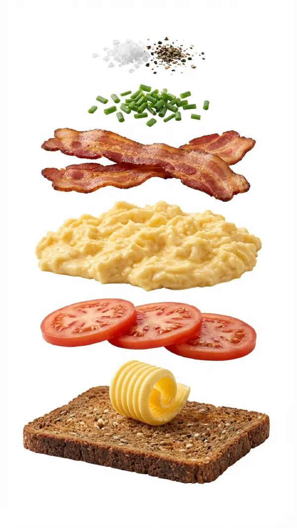 Opbygning af røræg med purløg og sprødt bacon © kvalimad.dk