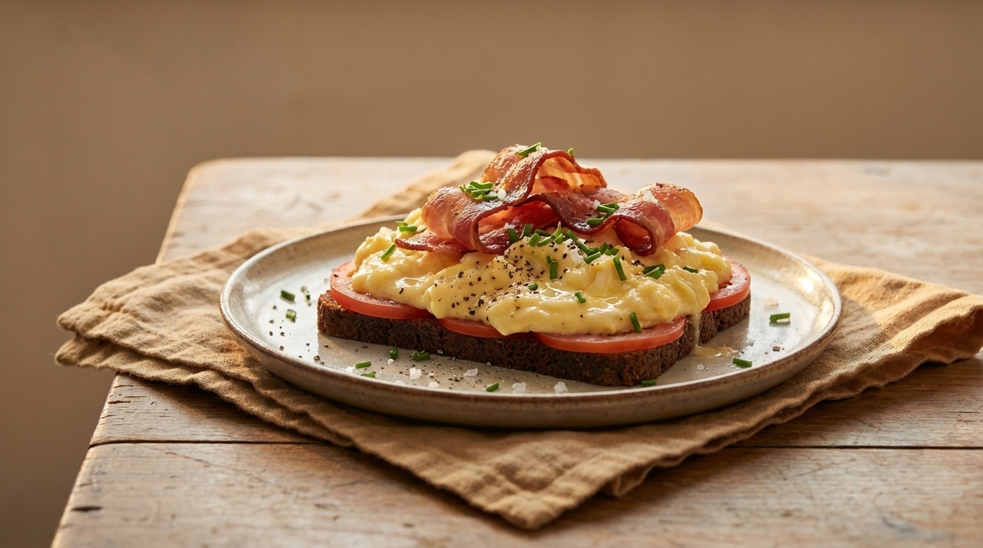 Smørrebrød med røræg, purløg og sprødt bacon