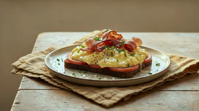 Smørrebrød med røræg, purløg og sprødt bacon