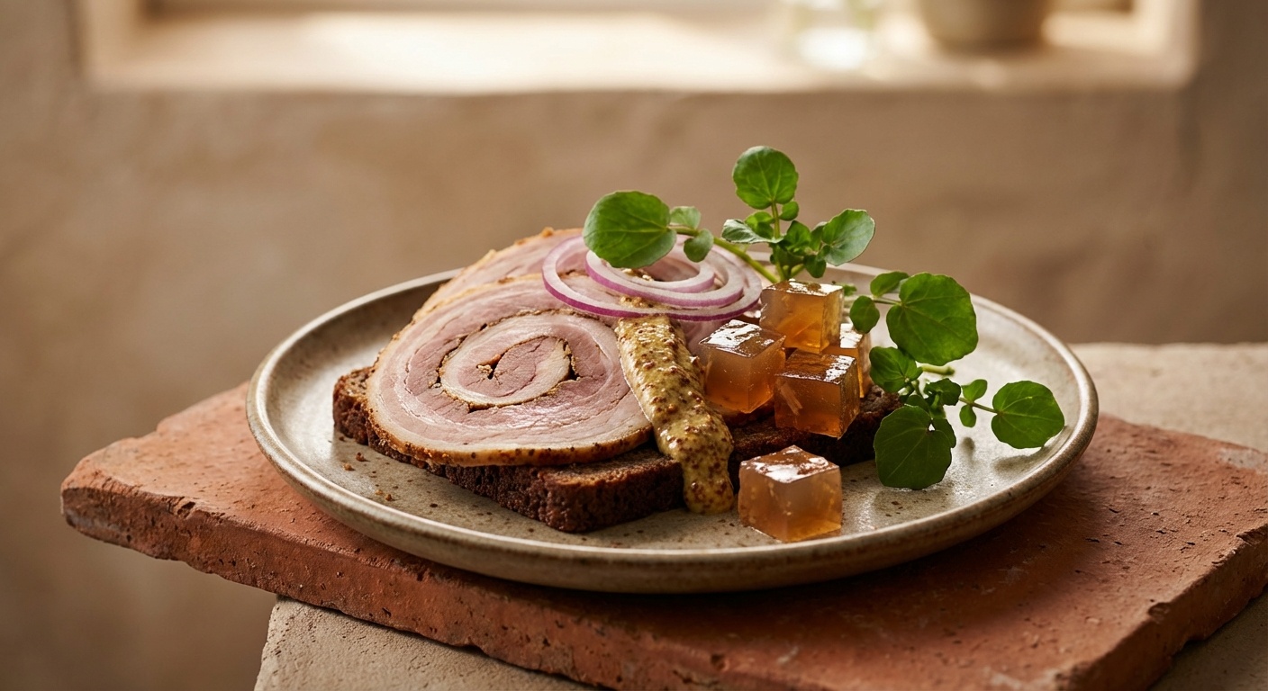 Smørrebrød med rullepølse, sky og sennep