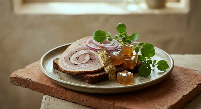 Smørrebrød med rullepølse, sky og sennep