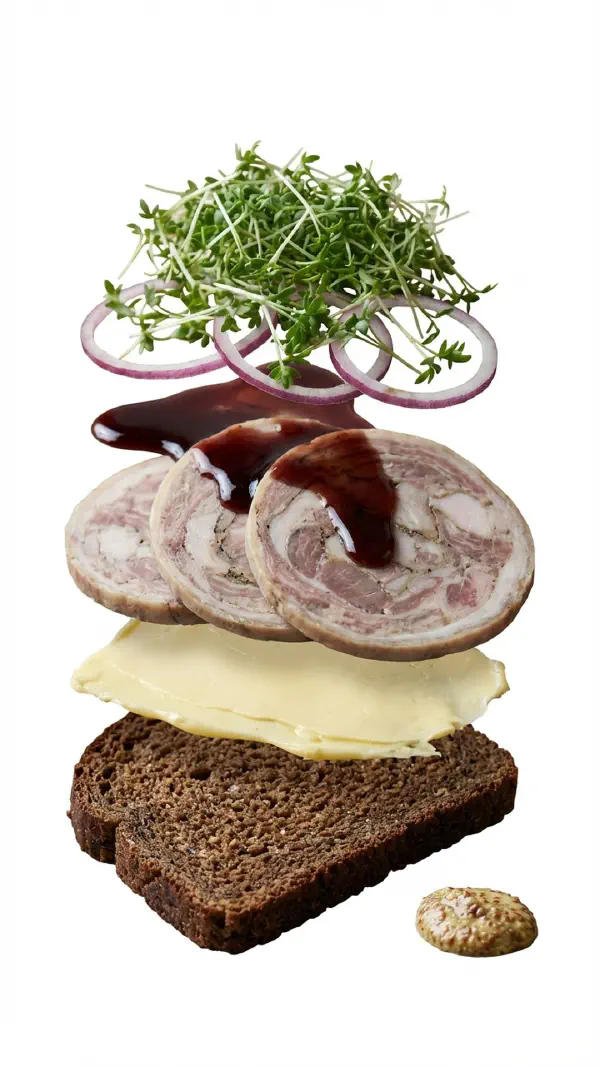 Opbygning af rullepølse med portvinssky og sennep © kvalimad.dk