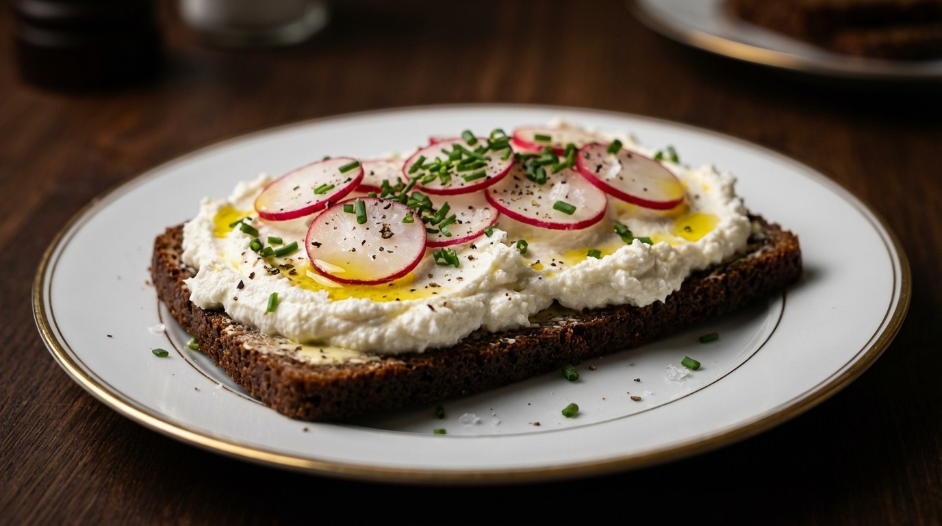 Smørrebrød med rygeost, radiser og purløg