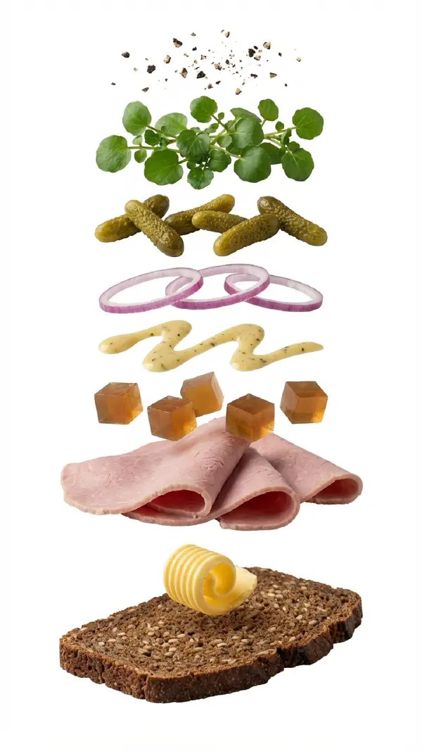 Opbygning af saltkød med sky og sennepsvinaigrette © kvalimad.dk