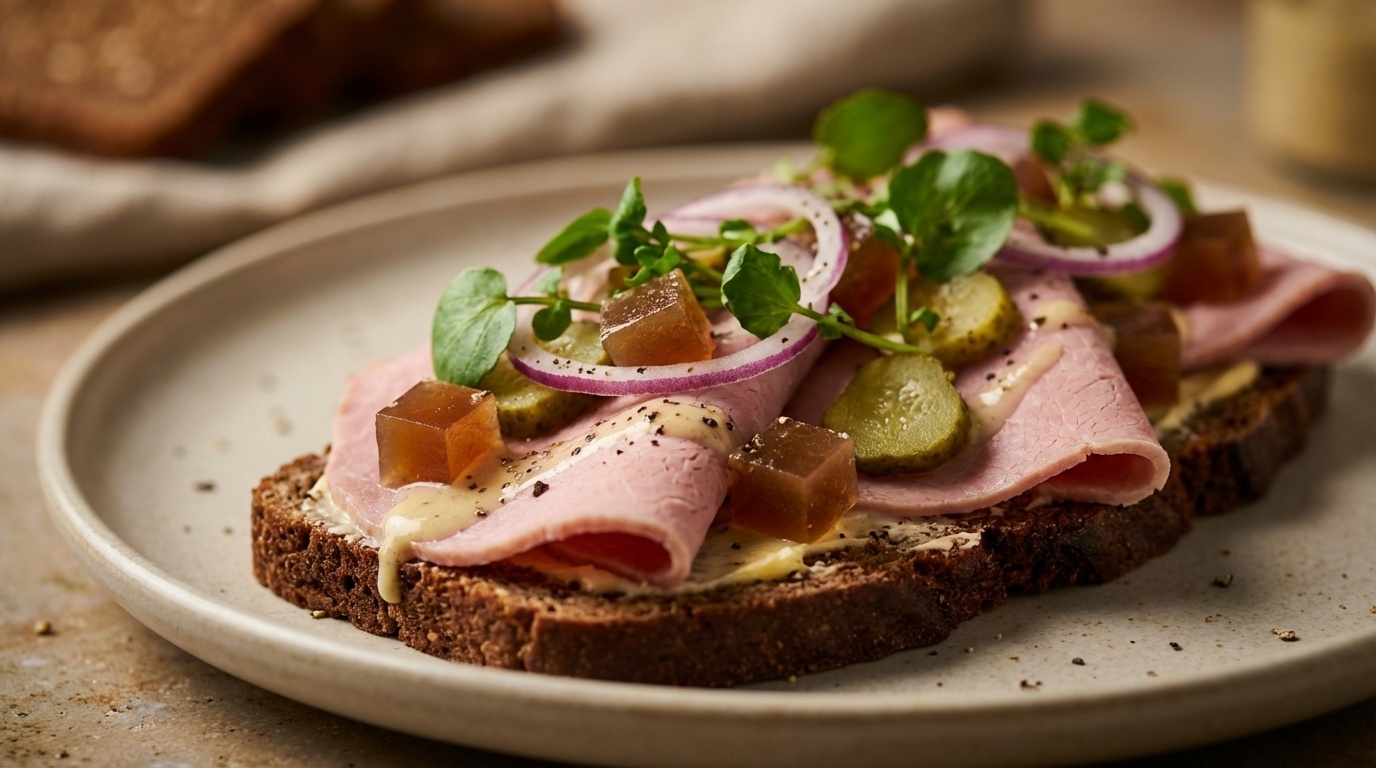 Smørrebrød med saltkød, sky og sennepsvinaigrette
