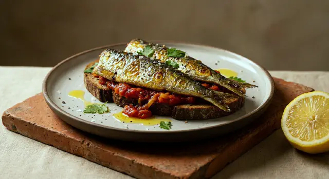 Smørrebrød med sardiner, tomat-fennikelkompot og citronolie