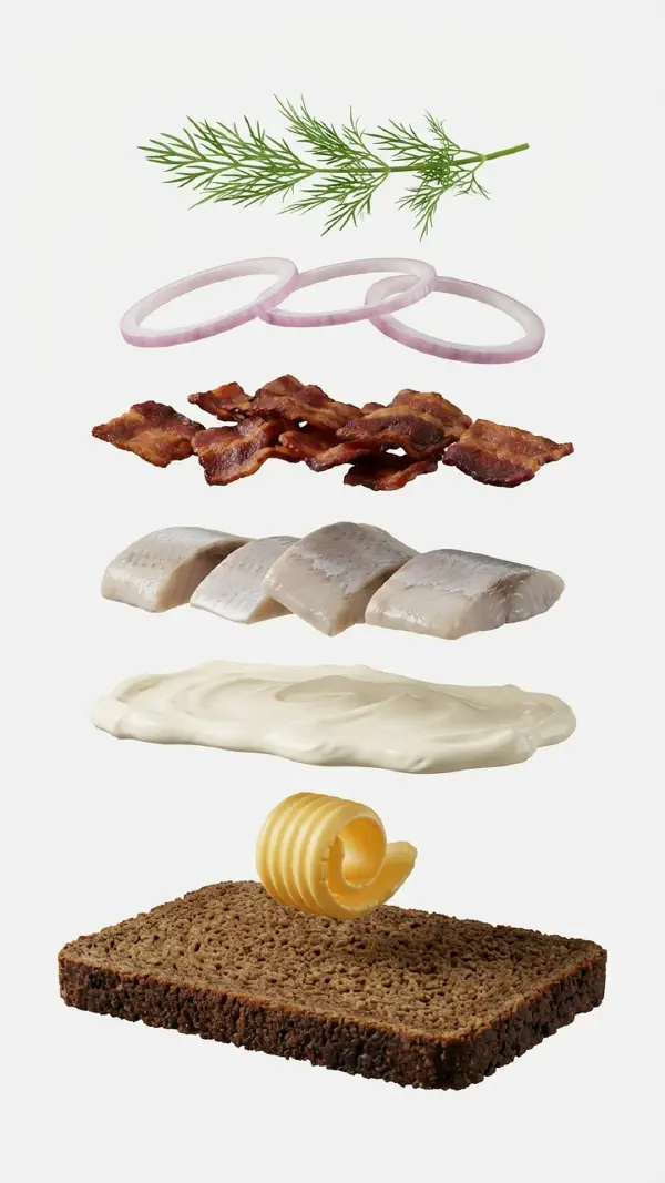 Opbygning af sennepssild med sprødt bacon © kvalimad.dk