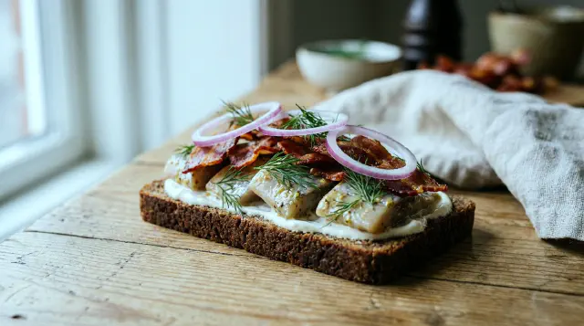 Sennepssild med sprødt bacon