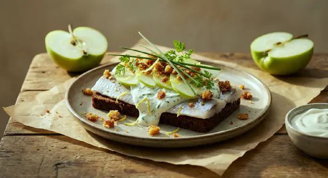 Smørrebrød med sild, æble-purløgscreme og sprødt rugbrød