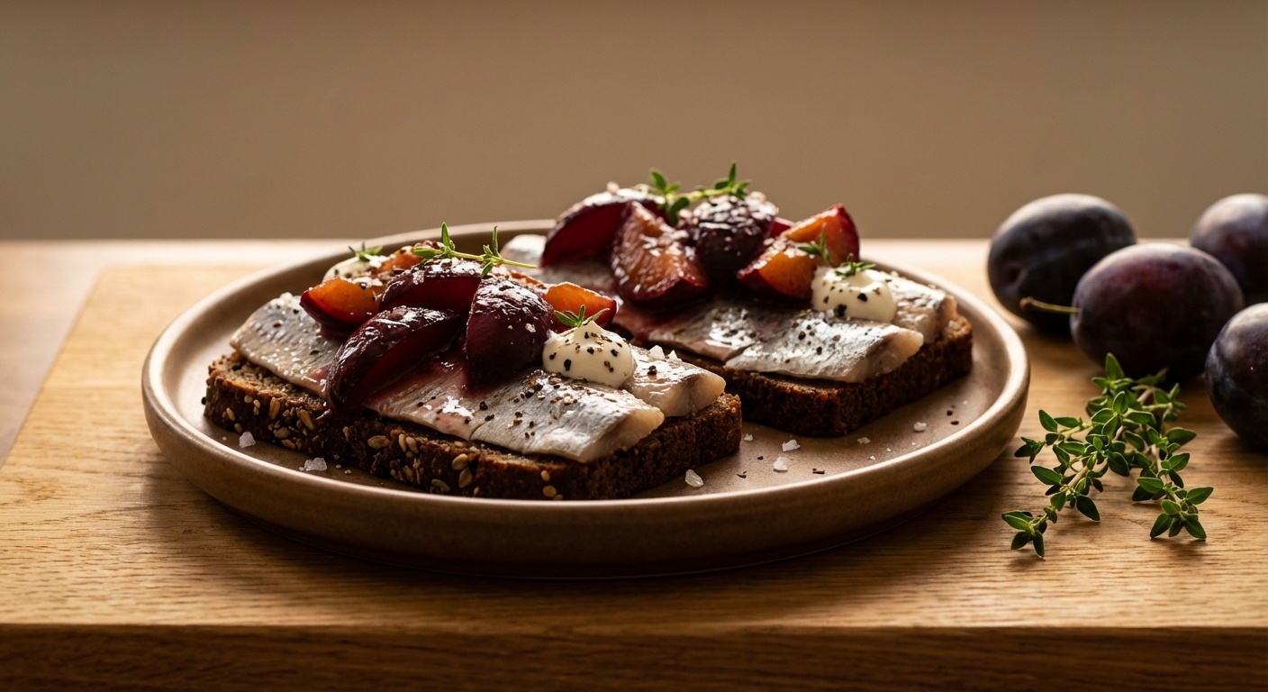Smørrebrød med sild, blommekompot og timian-crème fraîche