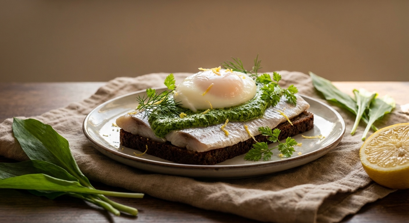 Smørrebrød med sild, ramsløgscreme og pocheret æg