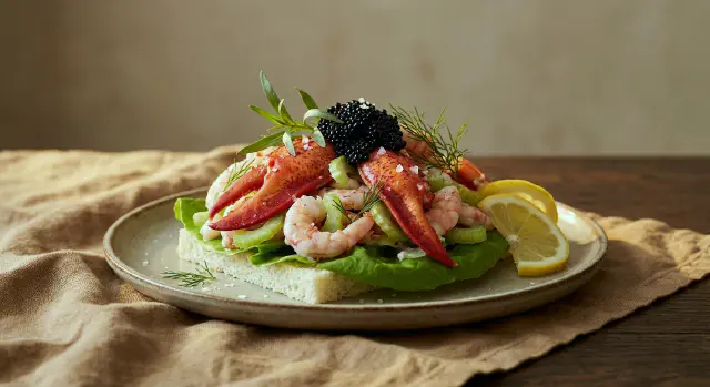Smørrebrød med skaldyrssalat, hummer, rejer og estragon