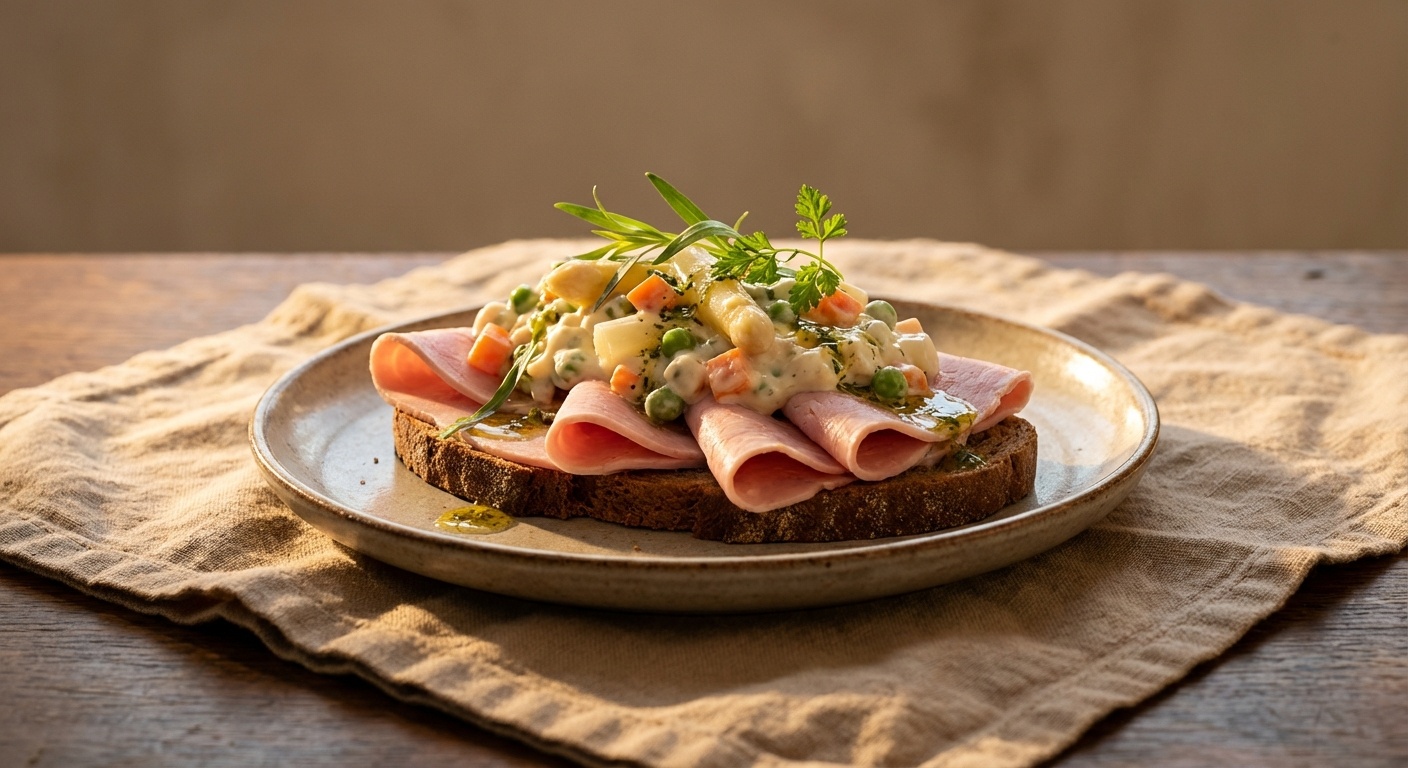 Smørrebrød med skinke, italiensk salat og urtevinaigrette