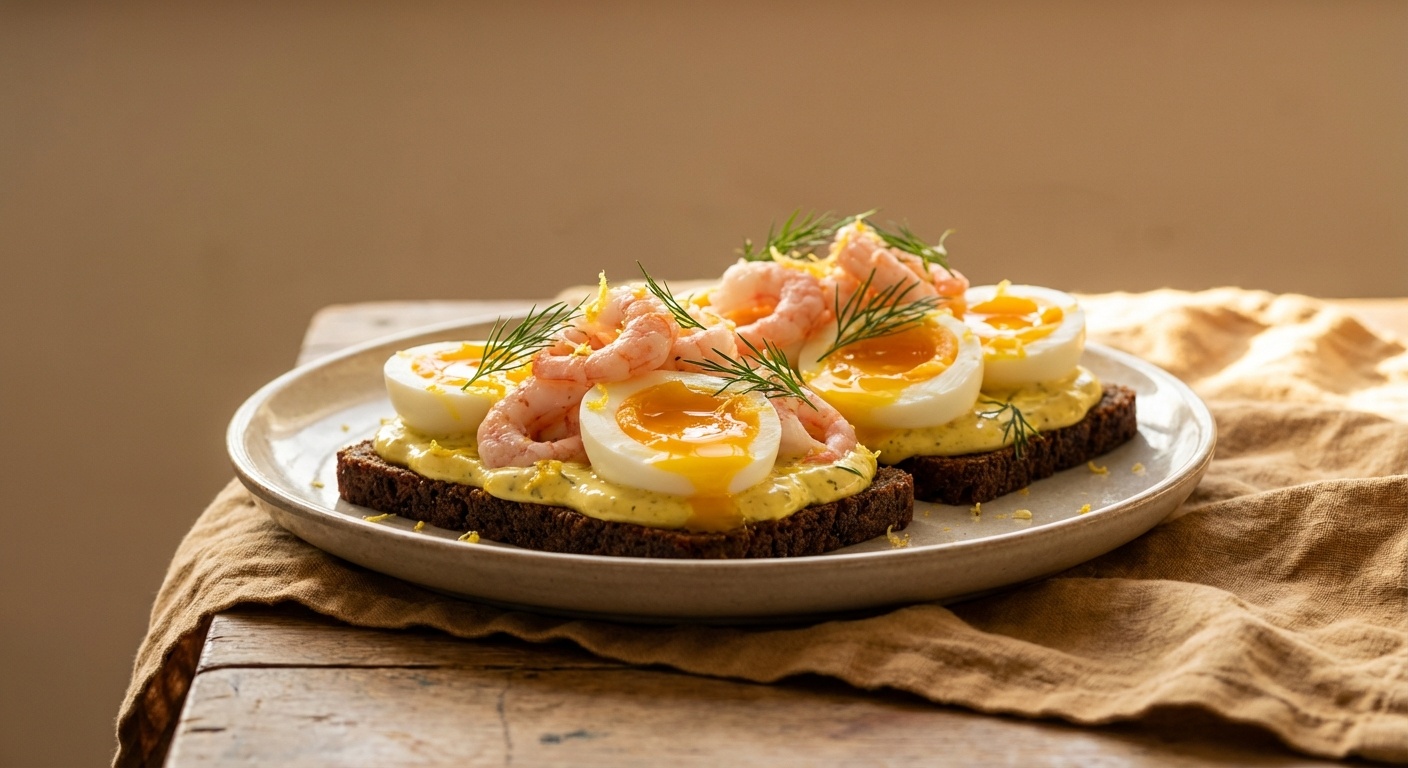 Smørrebrød med smilende æg, karrymayo og rejer