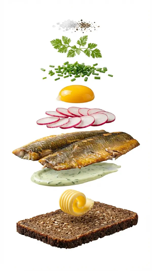 Opbygning af sol over gudhjem med røget sild og rå æggeblomme © kvalimad.dk