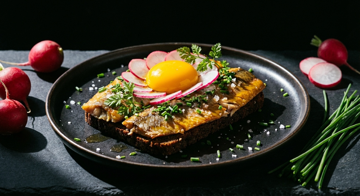 Smørrebrød med sol over Gudhjem, røget sild og rå æggeblomme