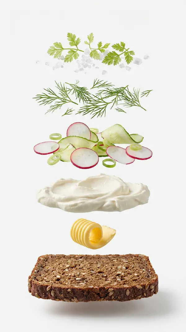 Opbygning af sommersalat med rygeostcreme og radiser © kvalimad.dk