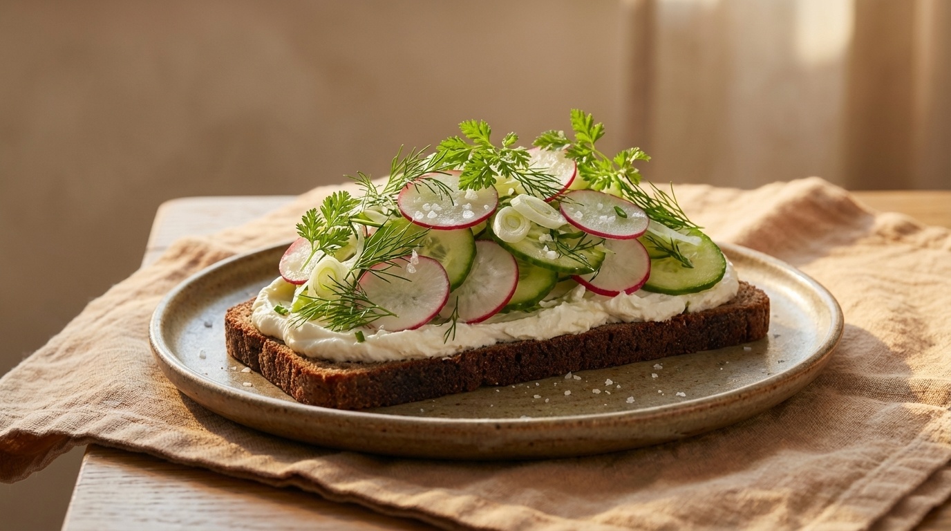 Smørrebrød med sommersalat, rygeostcreme og radiser