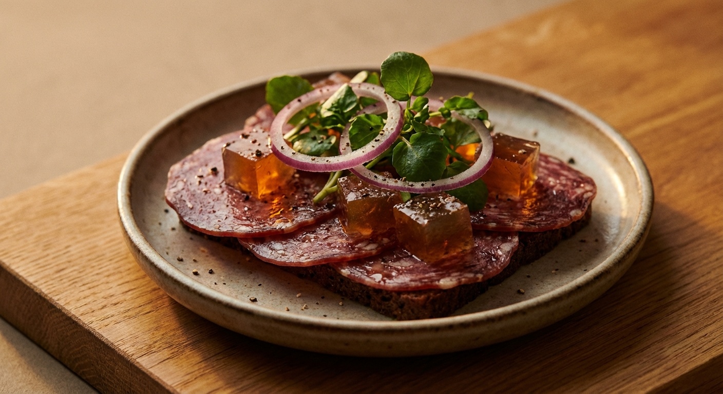 Smørrebrød med spegepølse, sky og rødløg