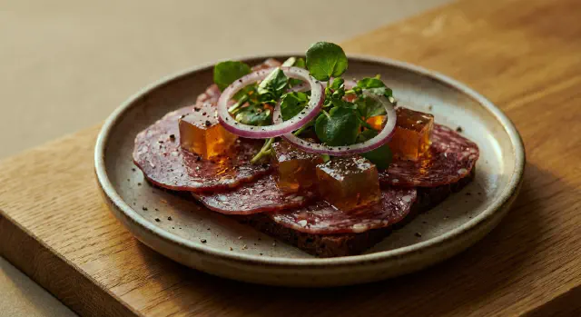Smørrebrød med spegepølse, sky og rødløg