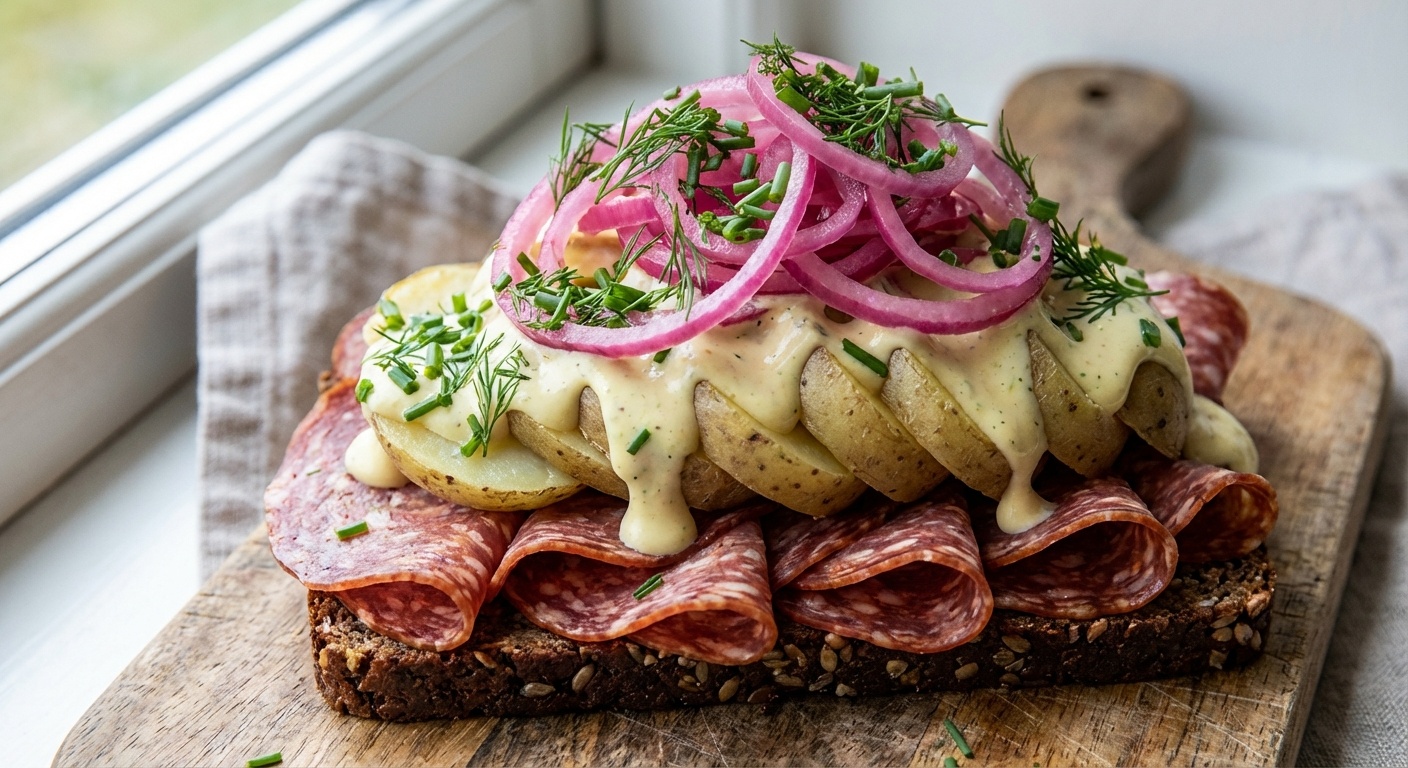 Spegepølse med kartoffel og dijonnaise