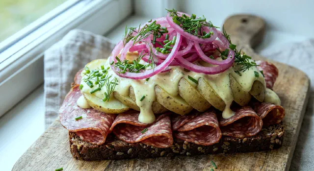 Spegepølse med kartoffel og dijonnaise