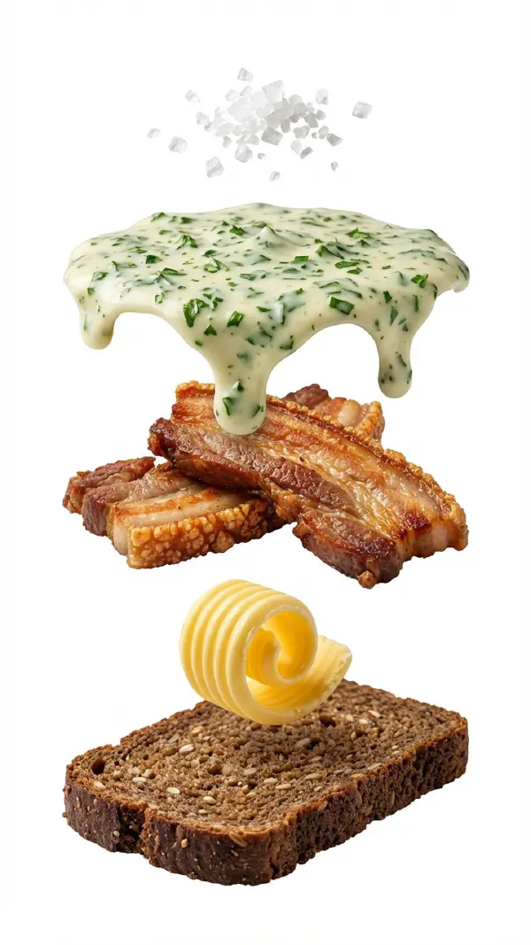 Opbygning af stegt flæsk med persillesovs © kvalimad.dk