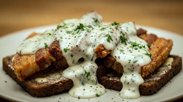 Smørrebrød med stegt flæsk, persillesovs