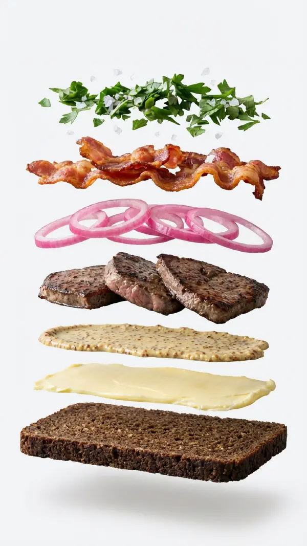 Opbygning af stegt lever med syltede løg og sennep © kvalimad.dk