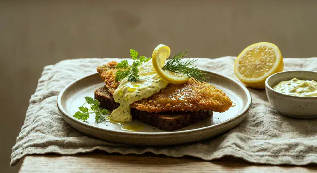 Smørrebrød med stegte rødspættefileter, remoulade og citronolie