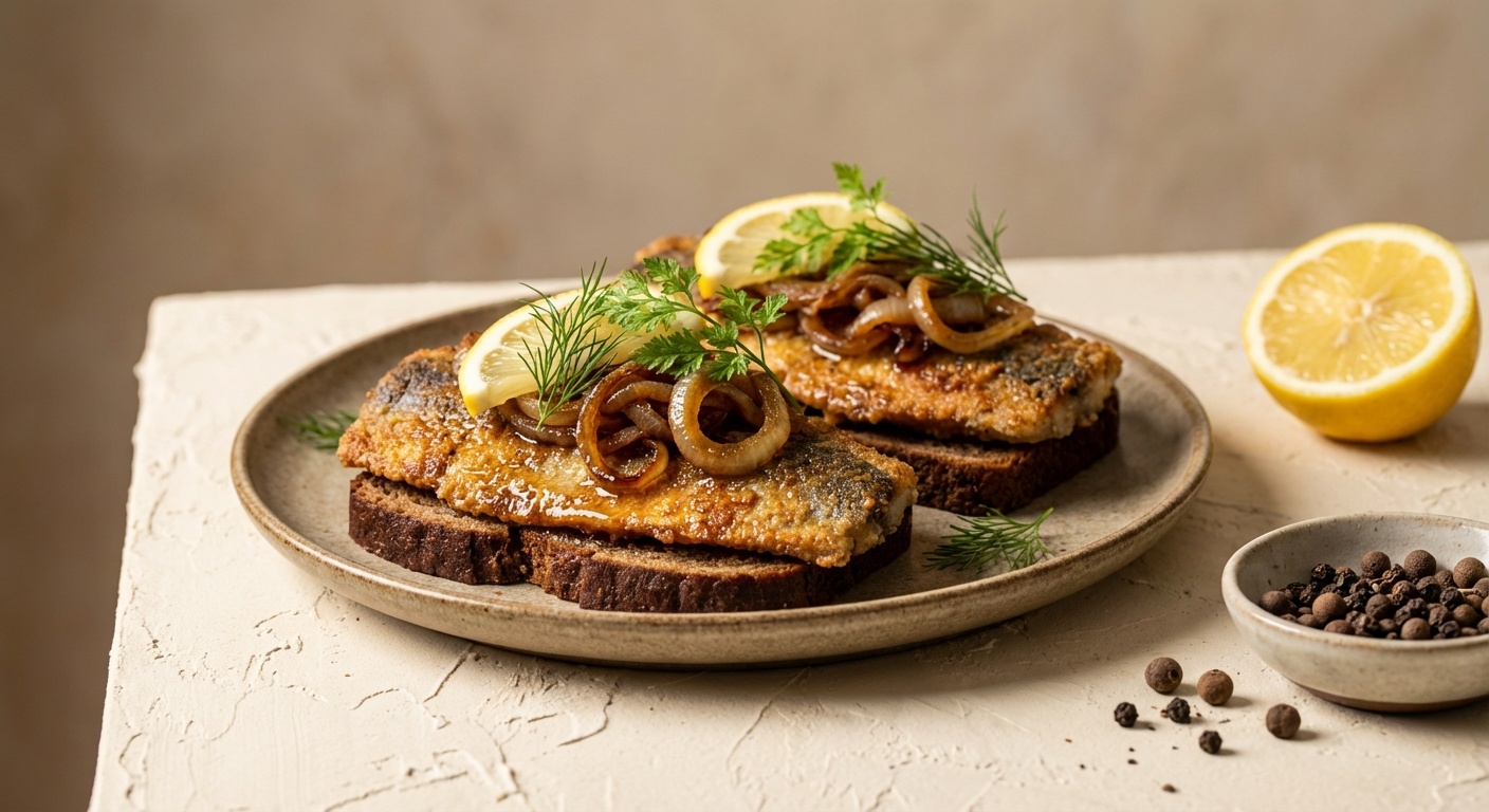 Smørrebrød med stegte sild i eddike, karamelliserede løg