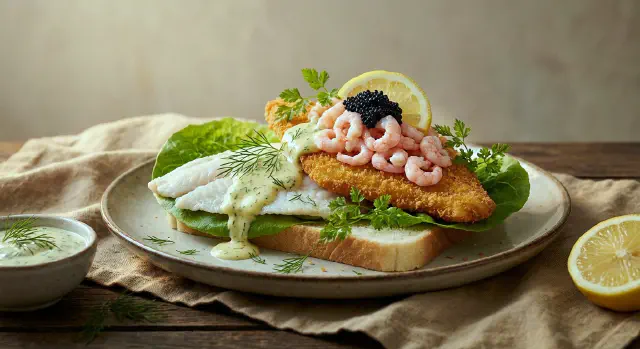 Smørrebrød med stjerneskud, dampet og paneret rødspætte