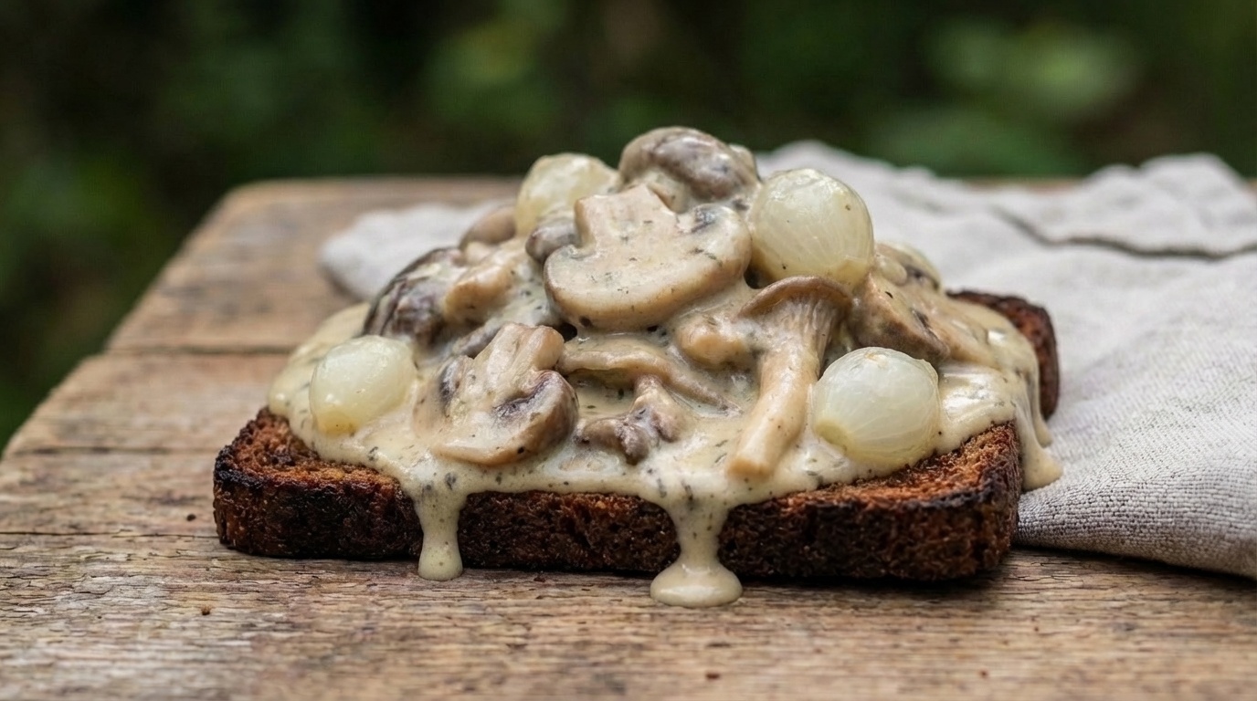 Svampe a la crème på smørristet rugbrød