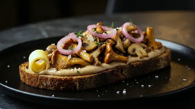 Smørrebrød med svampemad, hasselnødder og syltede løg